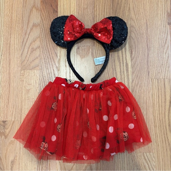 Disney Other - Adorable Red & Black Minnie Mouse Tulle Skirt w/Matching Ears Headband!